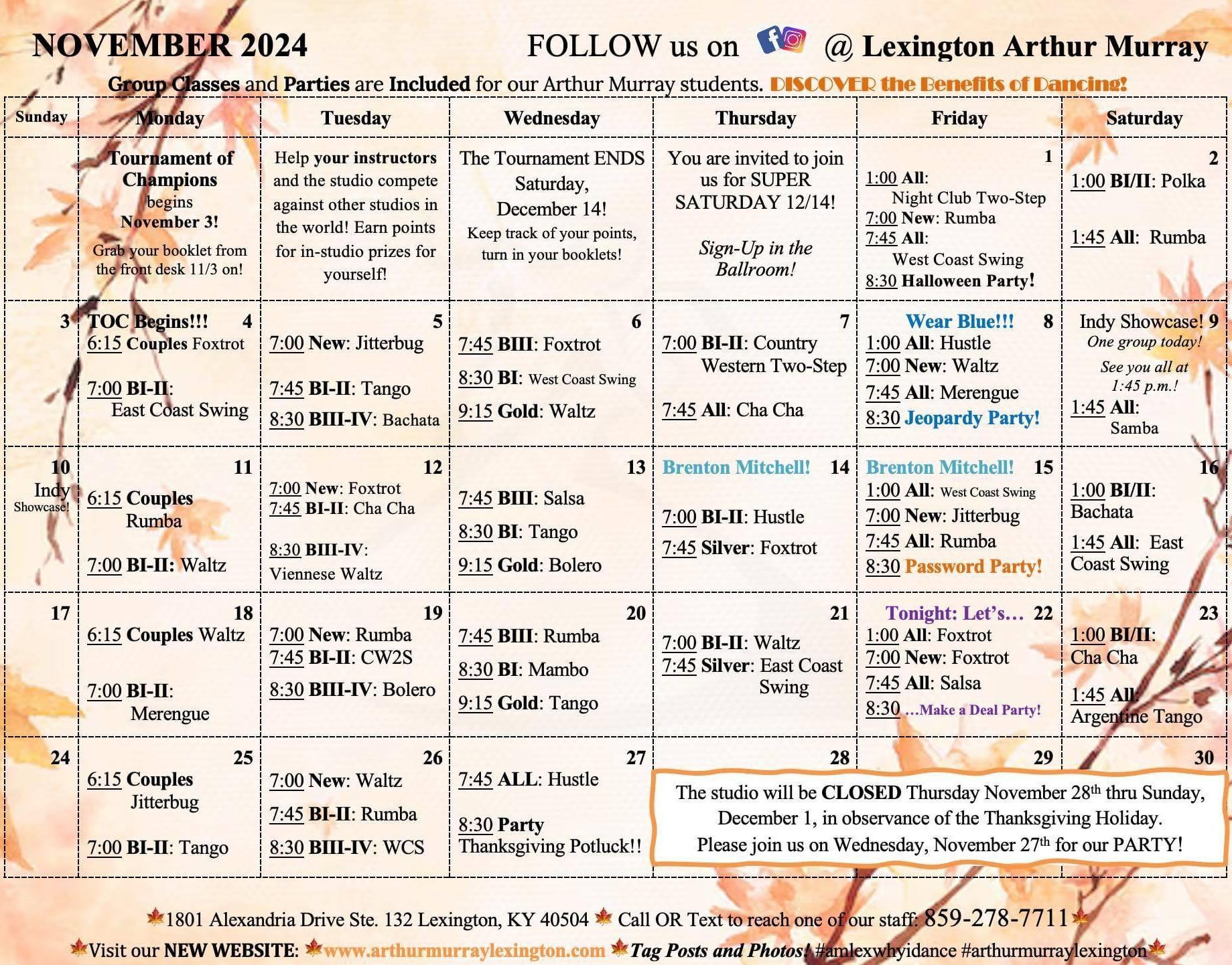 Arthur Murray Lexington November 2024 Calendar